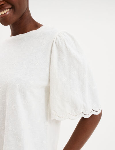 T-shirt brod&eacute; manches courtes coton blanc femme