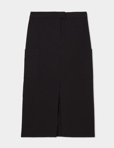 Jupe midi fendue poches plaquées côtés noir femme