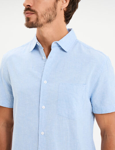 Chemise manches courtes lin m&eacute;lang&eacute; bleu ciel homme