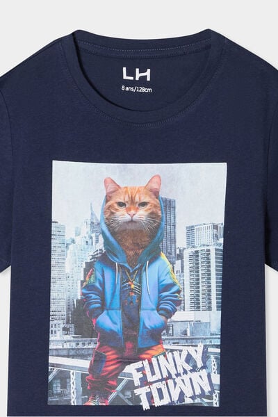 T-shirt col rond manches courtes coton bleu marine gar&ccedil;on