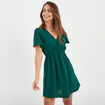 Robe évasée taille élastiquée col en V vert foncé femme