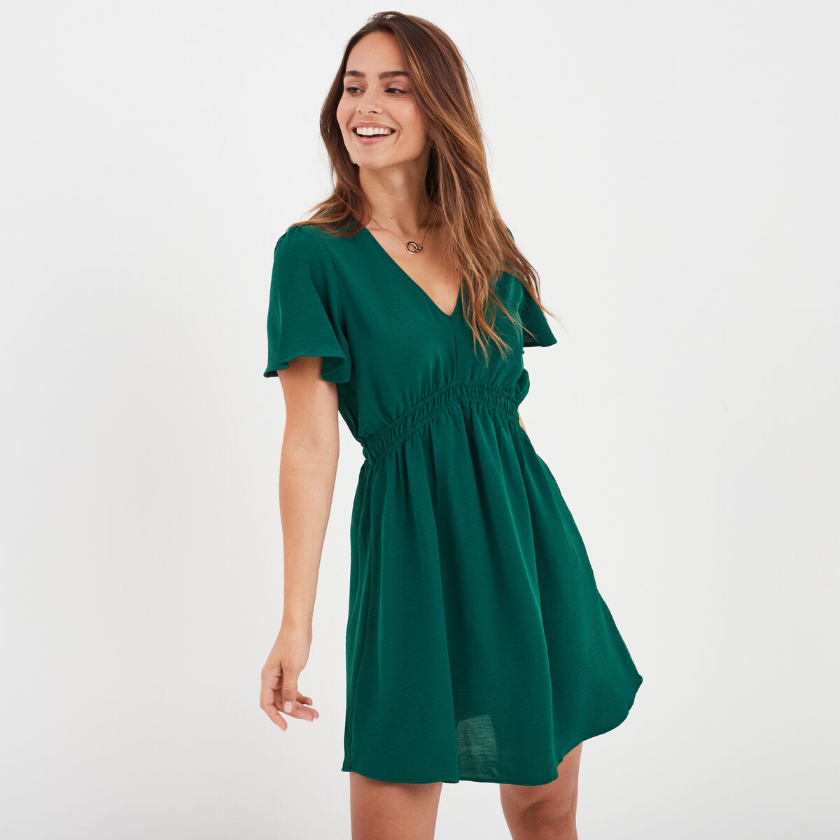 Robe évasée taille élastiquée col en V vert foncé femme