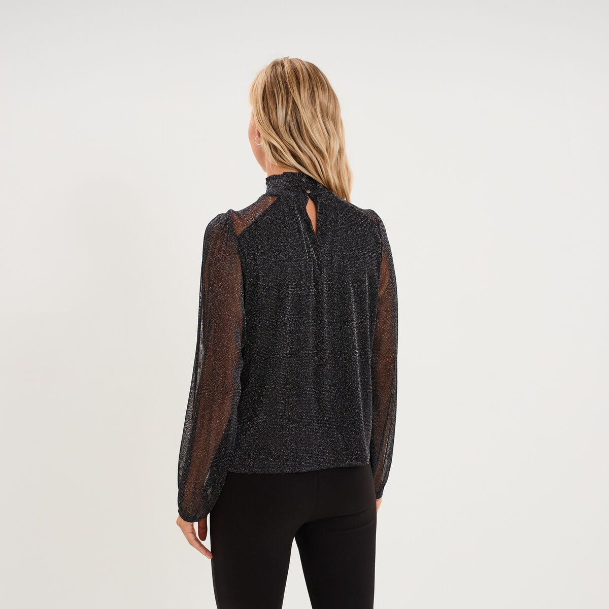T-shirt fil m&eacute;tallis&eacute; col montant noir femme