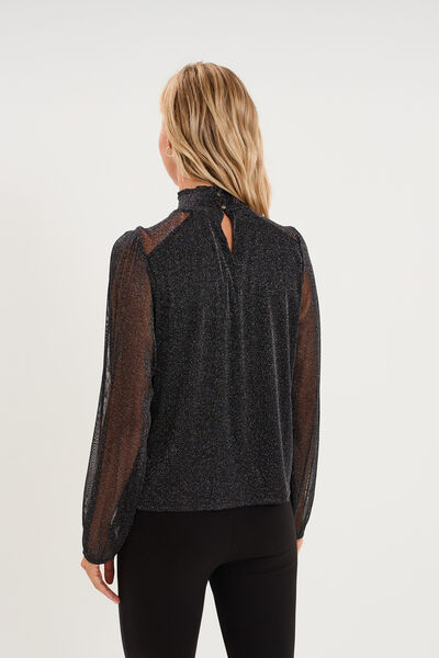 T-shirt fil m&eacute;tallis&eacute; col montant noir femme