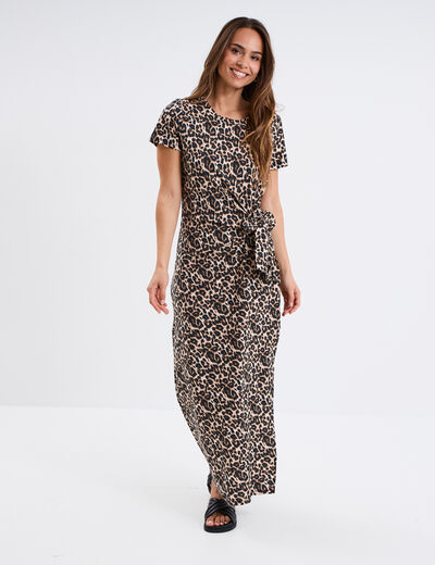 Robe midi taille effet noué coton beige femme