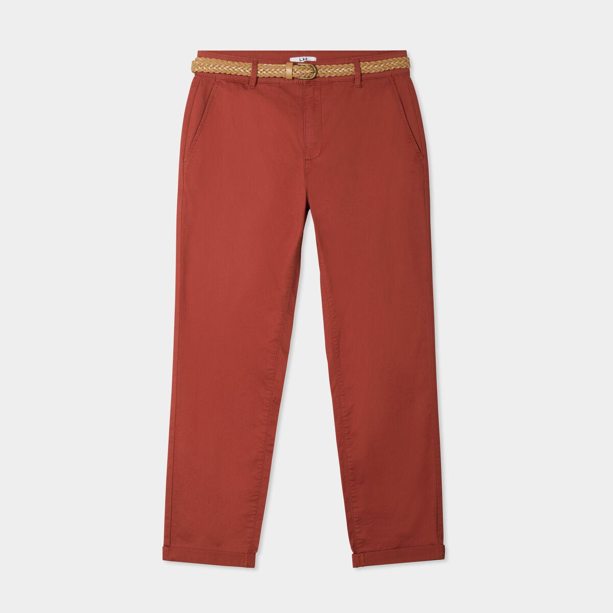 Pantalon chino 7/8ème ceinture tressée rouge foncé femme