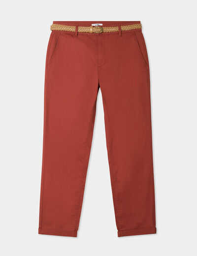Pantalon chino 7/8ème ceinture tressée rouge foncé femme