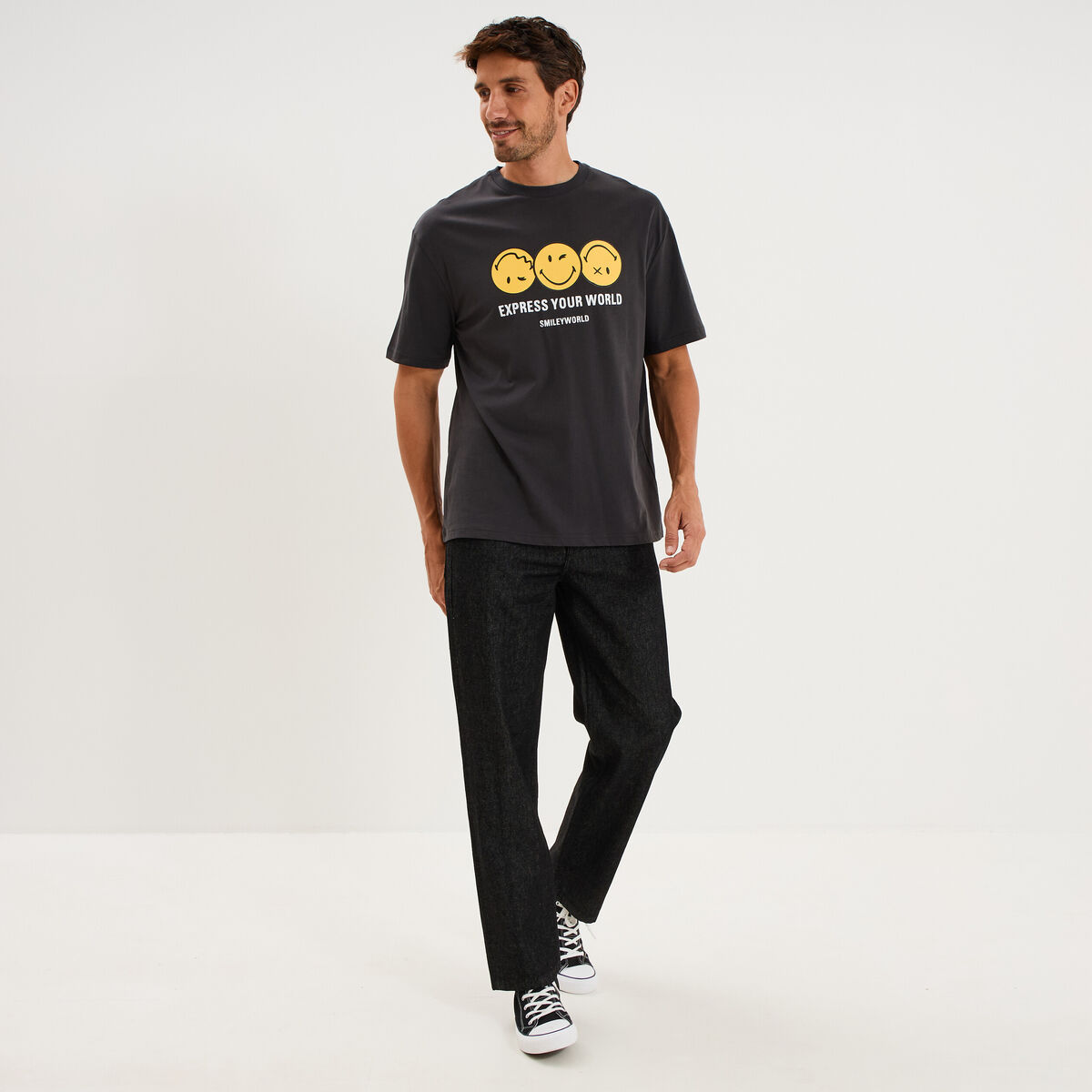 T-shirt regular manches courtes col rond gris fonc&eacute; homme