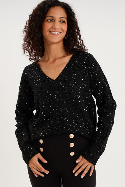 Pull droit &agrave; sequins et col en V noir femme