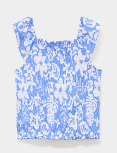 T-shirt smock&eacute; col carr&eacute; avec volants bleu fille