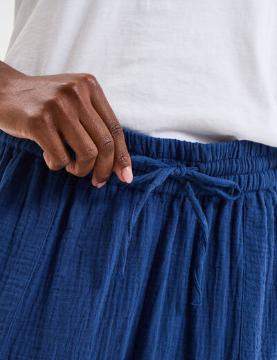 Pantalon fluide &eacute;lastiqu&eacute; gaze de coton bleu marine femme