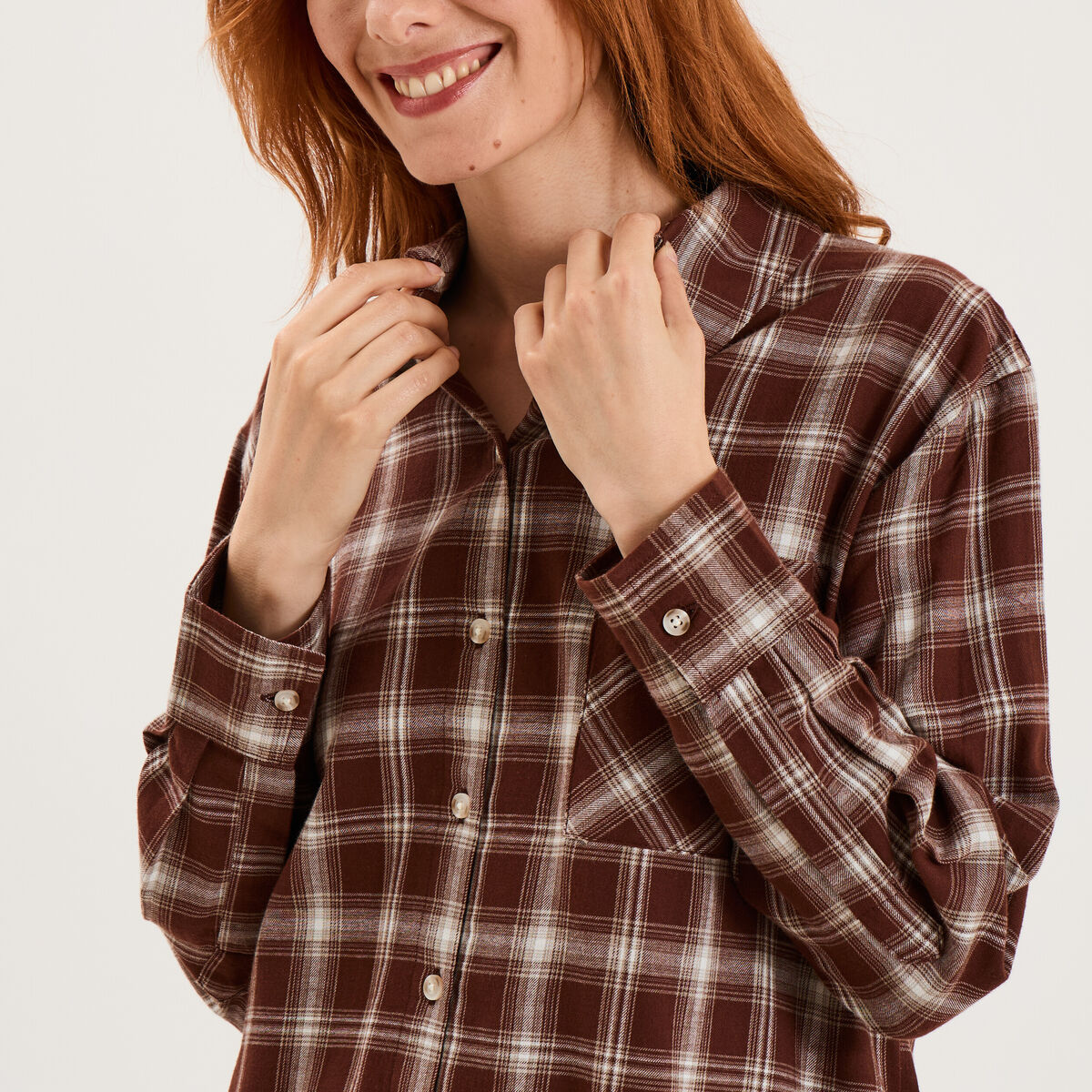 Chemise manches longues coton marron femme