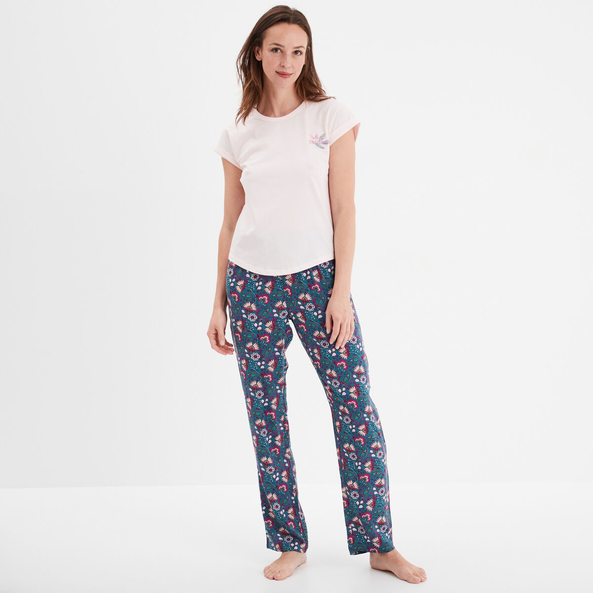 Ensemble pyjama col rond 2 pièces fluide bleu canard femme