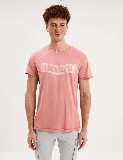 T-shirt manches courtes coton d&eacute;lav&eacute; vieux rose homme