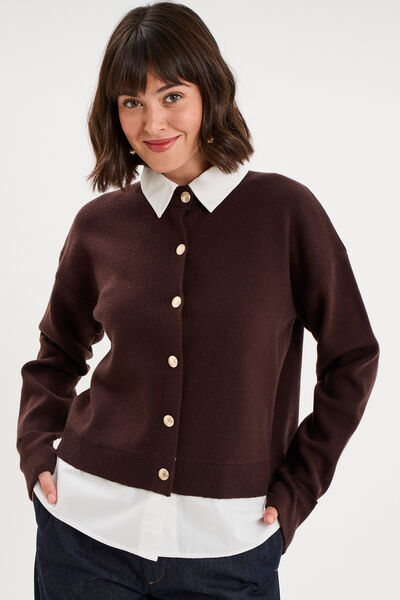 Cardigan 2 en 1 bi-mati&egrave;re boutonn&eacute; marron fonc&eacute; femme