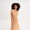 Robe longue cr&eacute;pon col tunisien jaune ocre femme