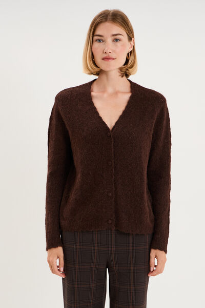 Gilet cardigan ajour&eacute; manches longues marron fonc&eacute; femme