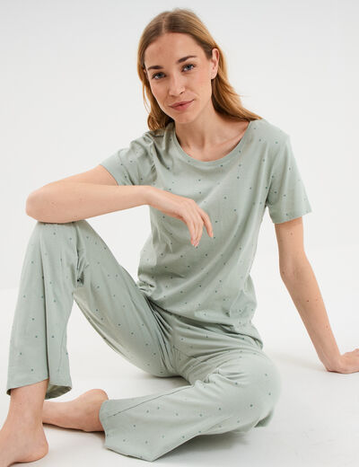 Ensemble pyjama t-shirt pantalon coton vert pastel femme