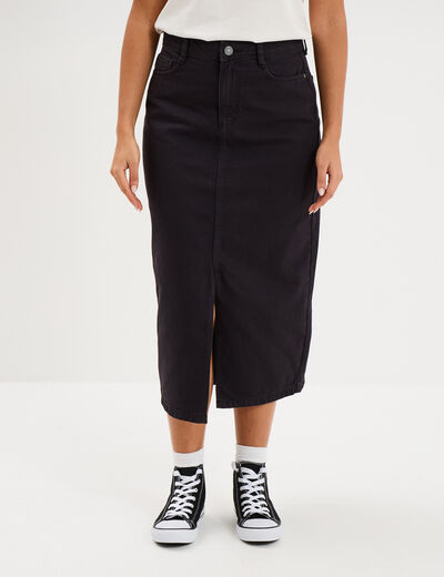 Jupe en jean longue fendue droite denim noir femme
