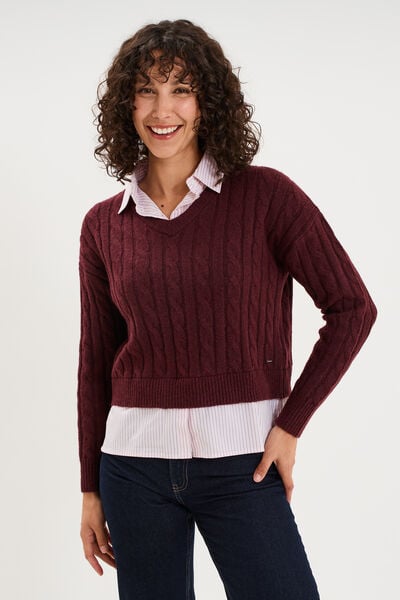 Pull torsades effet 2-en-1 chemise violet fonc&eacute; femme