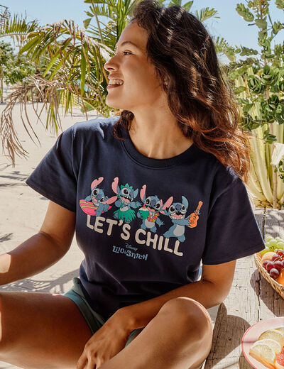 T-shirt manches courtes coton Stitch bleu marine femme