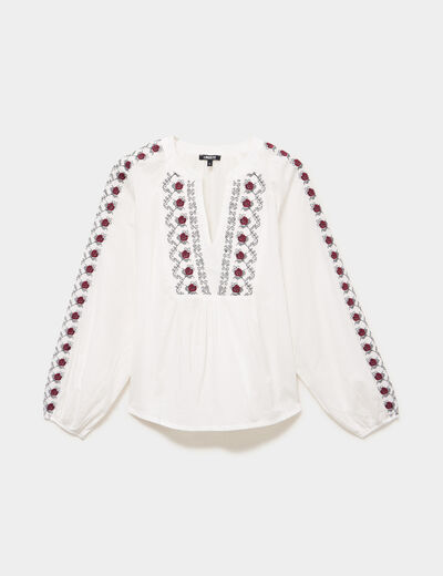 Blouse brod&eacute;e oversize coton blanc femme
