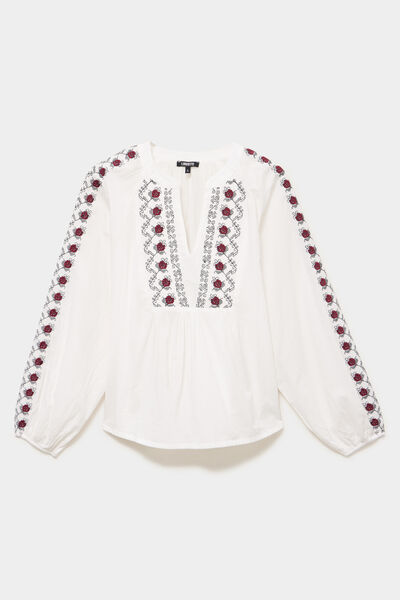 Blouse brod&eacute;e oversize coton blanc femme