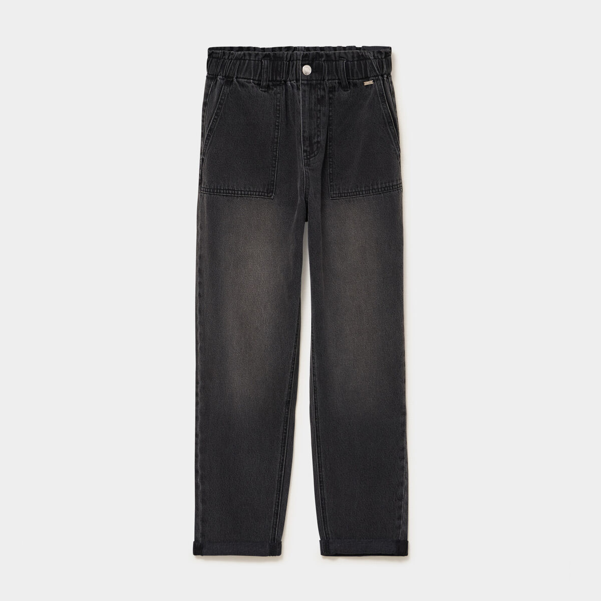 Jean paperbag cropped taille &eacute;lastiqu&eacute;e denim noir femme