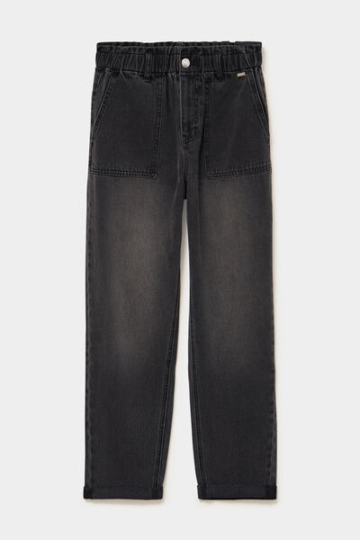 Jean paperbag cropped taille &eacute;lastiqu&eacute;e denim noir femme