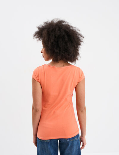 T-shirt col V ajusté manches courtes rose corail femme
