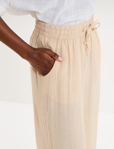 Pantalon large fluide taille &eacute;lastiqu&eacute;e beige femme