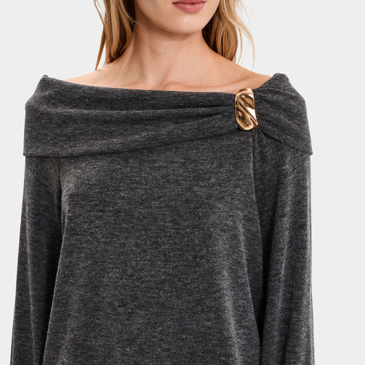 Pull encolure bateau manches longues gris femme