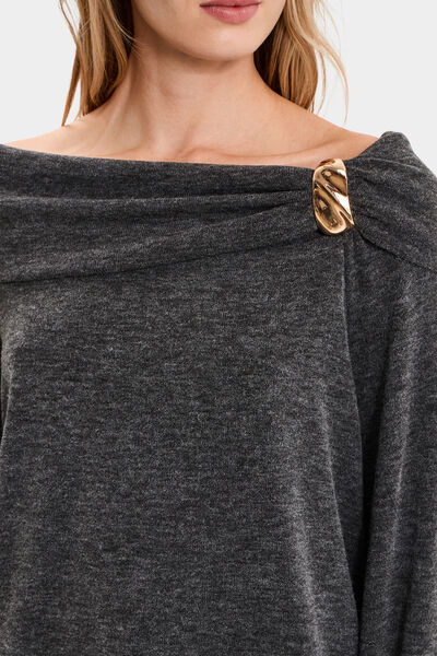 Pull encolure bateau manches longues gris femme