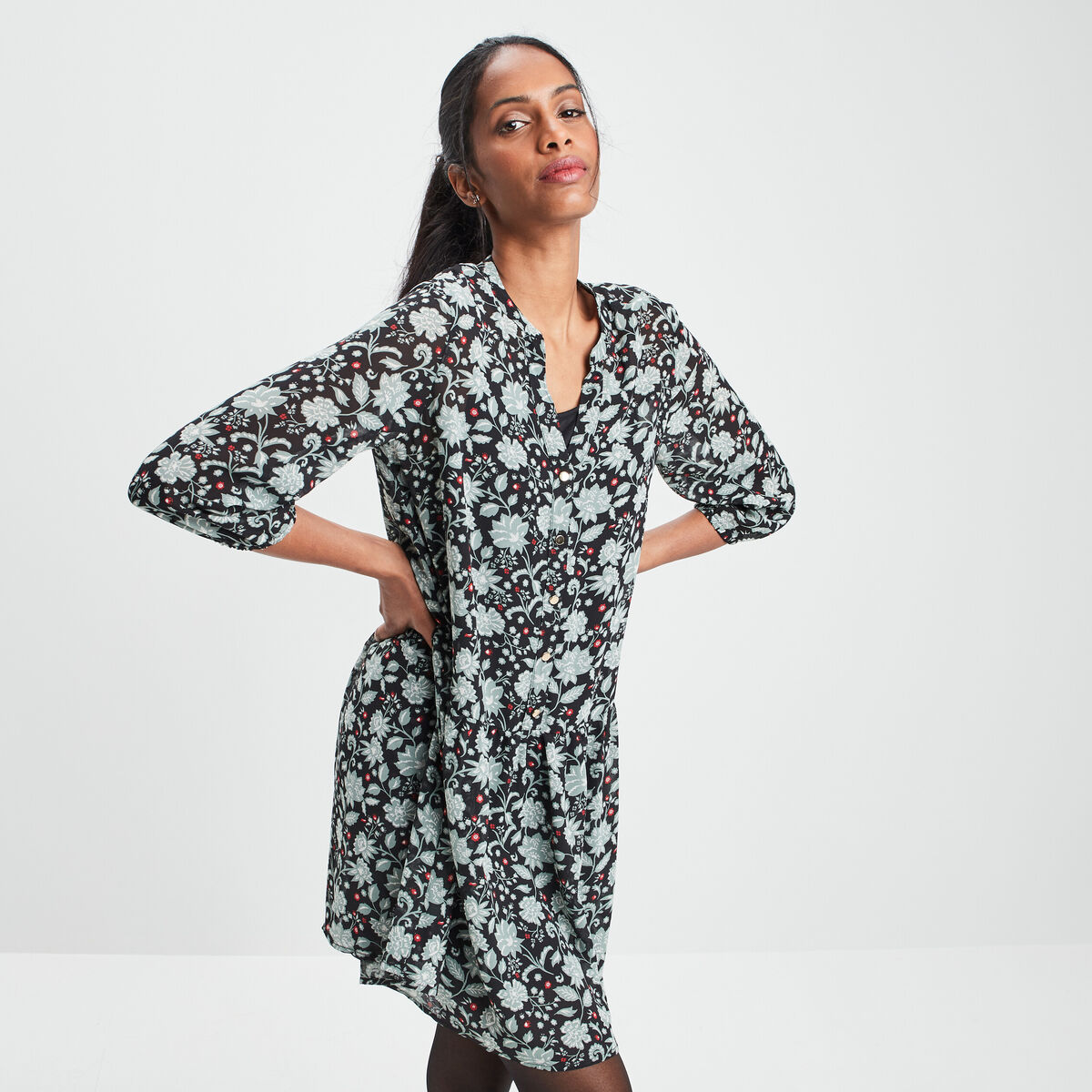 Robe droite fluide manches 3/4 noir femme