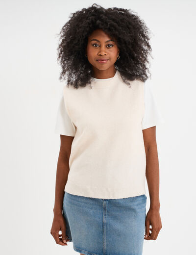 Pull sans manches col rond beige femme