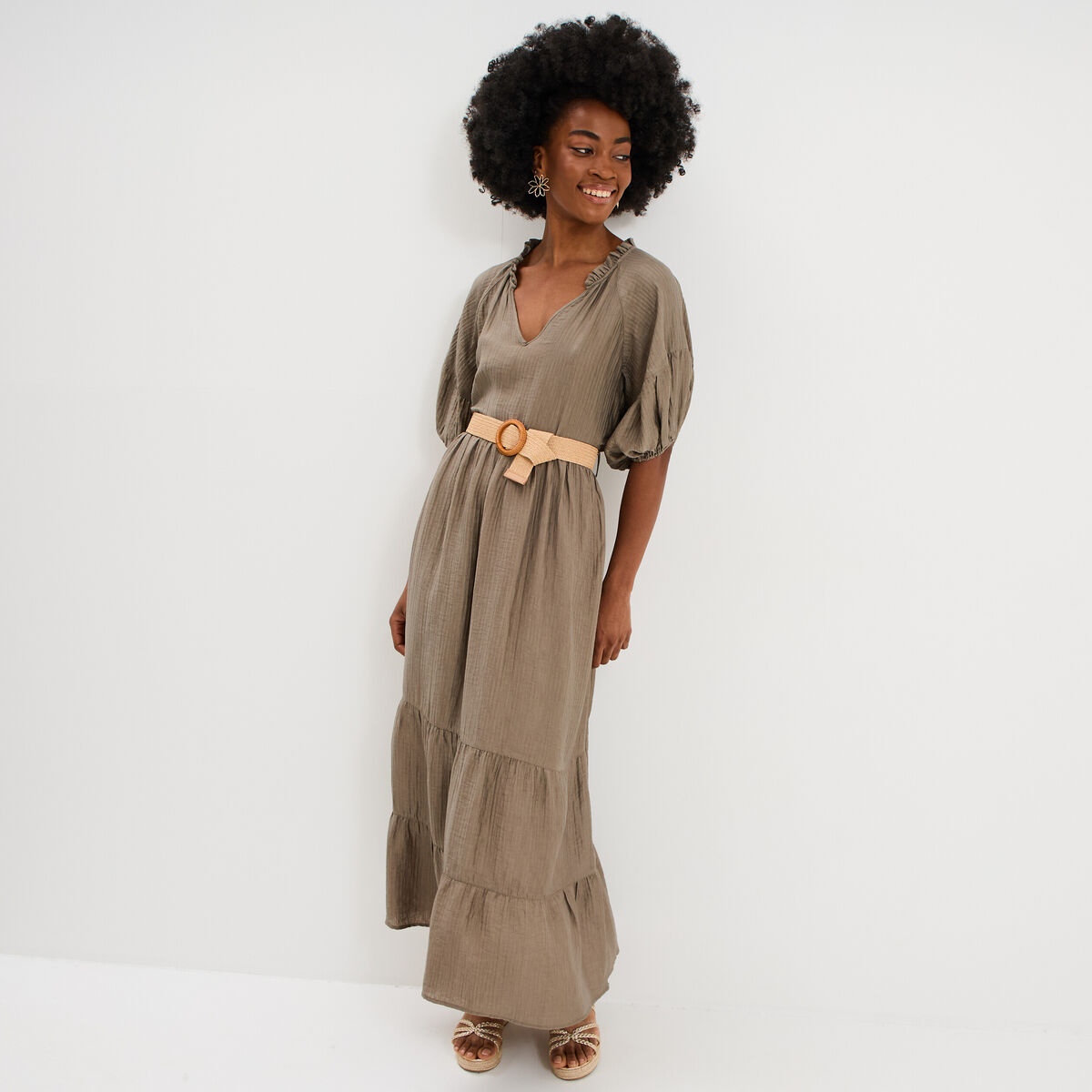 Robe longue &agrave; volants et ceinture vert kaki femme