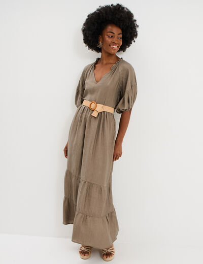 Robe longue &agrave; volants et ceinture vert kaki femme