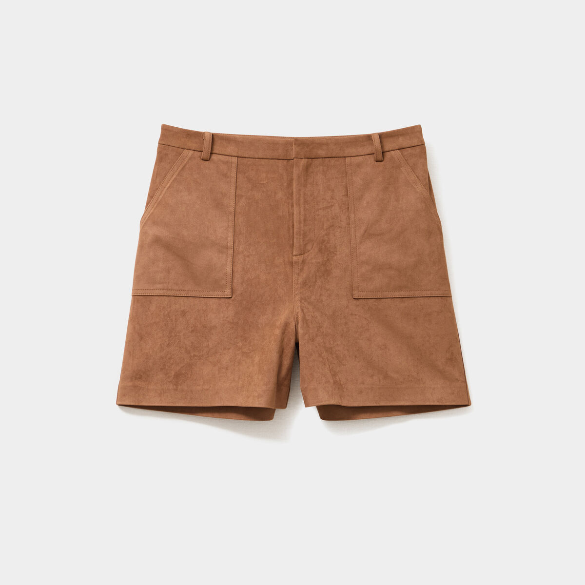 Short effet su&eacute;dine droit taille haute marron clair femme
