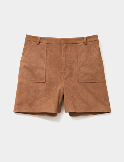 Short effet su&eacute;dine droit taille haute marron clair femme