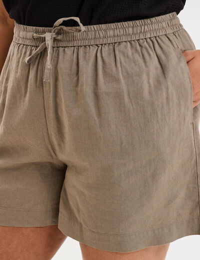 Short taille &eacute;lastiqu&eacute;e lin m&eacute;lang&eacute; vert kaki femme grande taille