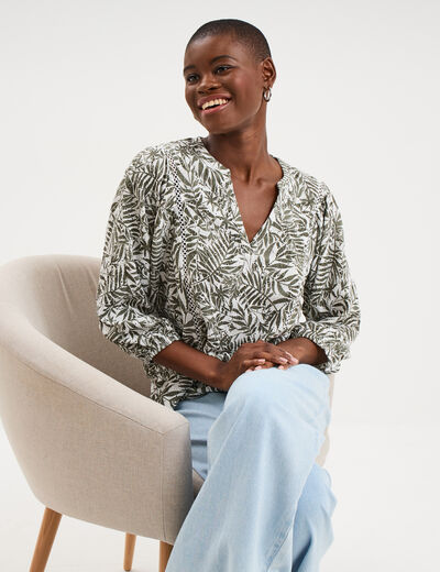 Blouse ajour&eacute;e manches 3/4 col en V ecru femme