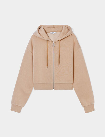Sweat zippé à capuche court sable femme