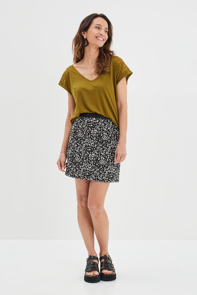 T-shirt col en V dentelle épaules et dos vert olive femme