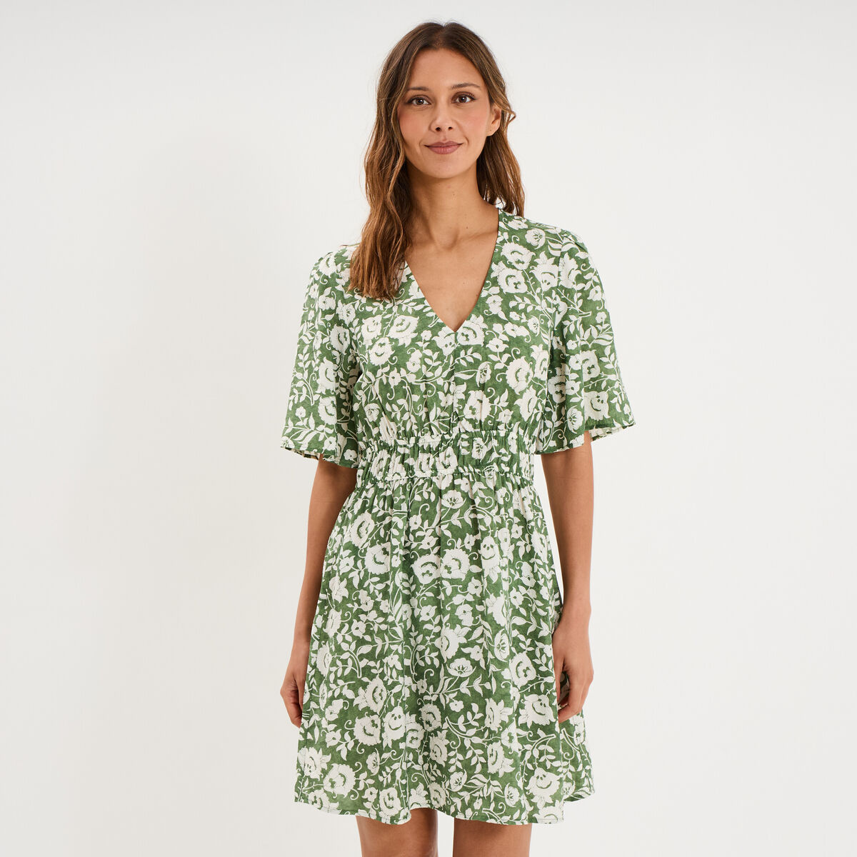 Robe courte taille &eacute;lastiqu&eacute;e vert kaki femme