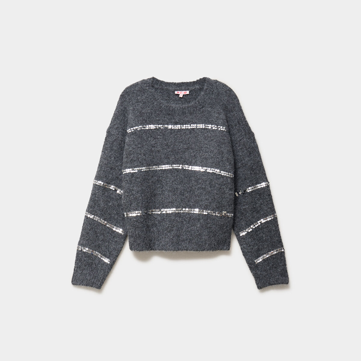 Pull col rond &agrave; sequins manches longues gris femme
