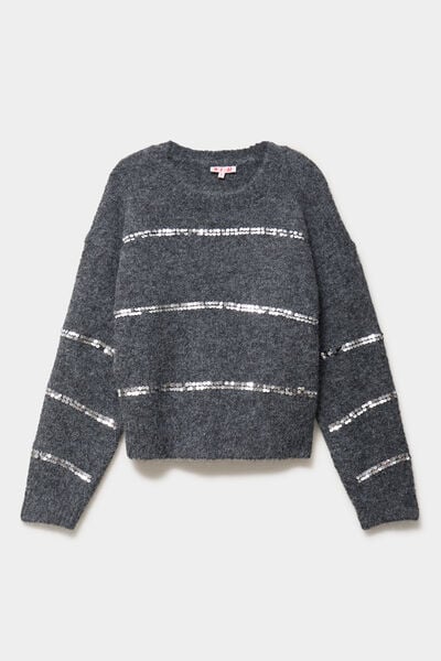 Pull col rond &agrave; sequins manches longues gris femme