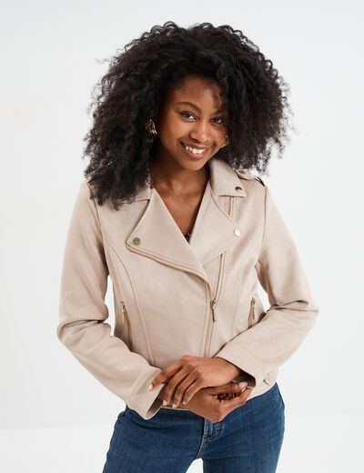 Veste courte esprit biker effet suédine beige femme