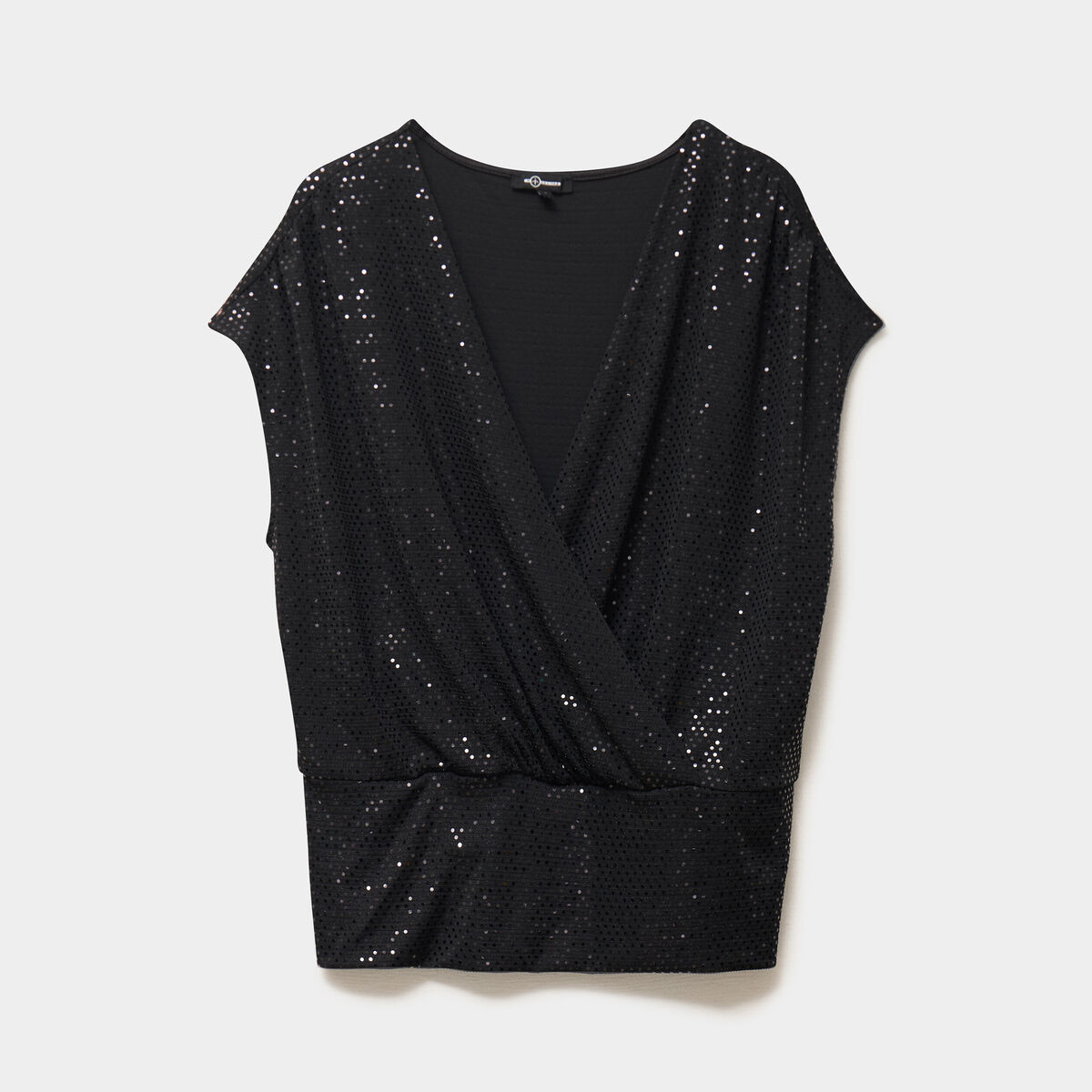 T-shirt &agrave; paillettes col cache-coeur noir femme