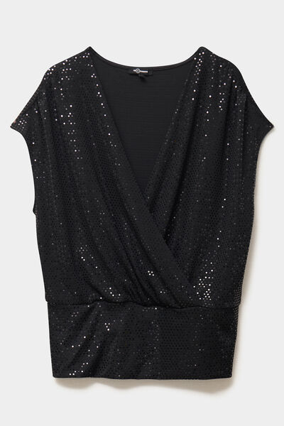T-shirt &agrave; paillettes col cache-coeur noir femme