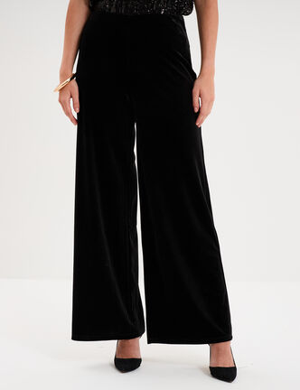 Pantalon large en velours taille haute noir femme